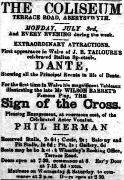 An advertisement for the Aberystwyth Coliseum - From the Cambrian News, 30th June 1905. 