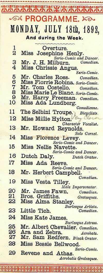 A programme for the London Pavilion for July 18th 1892.