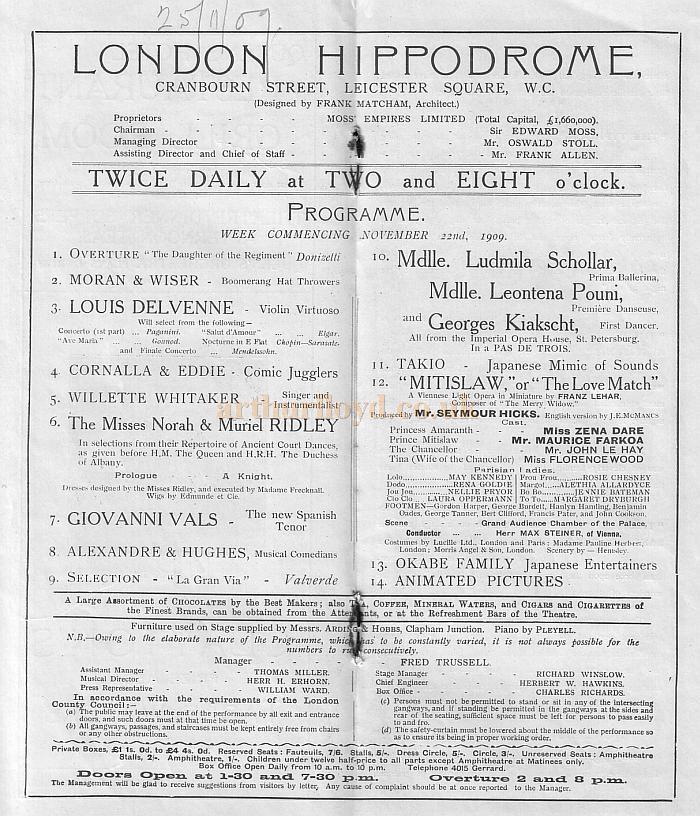 London Hippodrome Programme 1909 