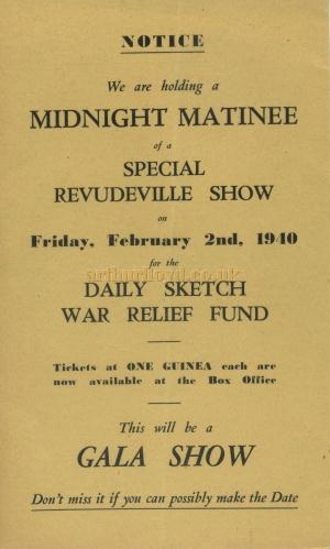 A leaflet printed for a Midnight Matinee at the Windmill Theatre for the 2nd of February, 1940 featuring a Special Gala l Revudeville Show in aid of the Daily Sketch War Relief Fund - Courtesy Maurice Poole.