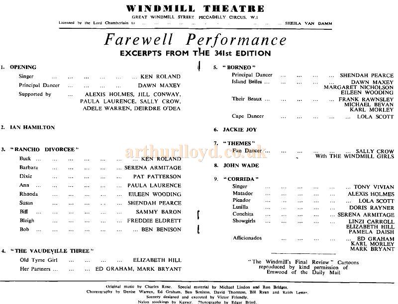 The Last Night Programme for the Windmill Theatre - 31st of October 1964