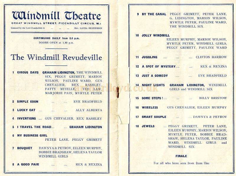 Early Revudeville programme (No.6) 9th of May 1932, just 3 months after Mrs. Laura Henderson introduced this new form of entertainment at the Windmill Theatre.