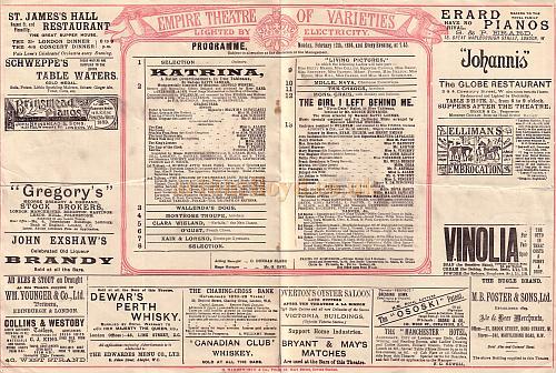 Empire Theatre, Leicester Square Programme for Feb 12th 1894