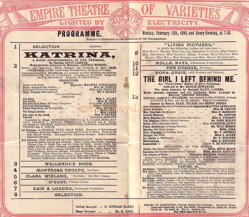 Empire Theatre, Leicester Square Programme for Feb 12th 1894