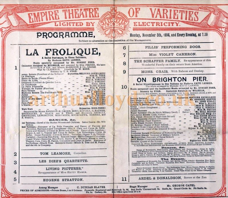 An Empire Theatre, Leicester Square Programme for November 5th 1894 - Courtesy Tim Trounce 
