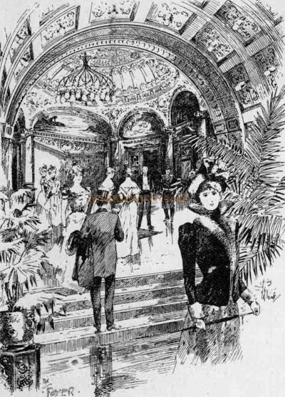 White marble stairs, mosaic floors, and marble walls (with rich molded work and artistic paintings) furnish the wide entrance corridor which leads through a quaint semi-circular opening into the grand foyer