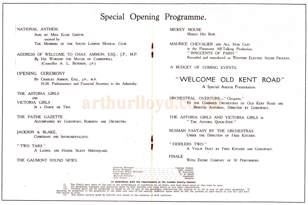 The Special Opening Programme for the Old Kent Road Astoria on the 10th of February 1930.