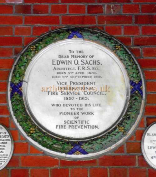 A Memorial Plaque dedicated to Edwin O. Sachs at Golders Green Crematorium - Courtesy B.F. 