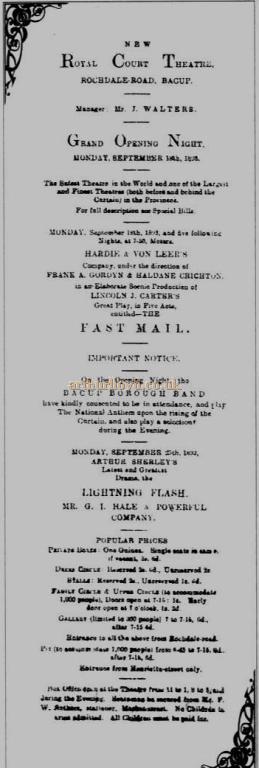 A Bill advertising the Grand Opening Night of the Royal Court Theatre, Bacup on the 18th of September 1893 - Courtesy Simon Parker, Bacup Amateur Operatic and Dramatic Society. 