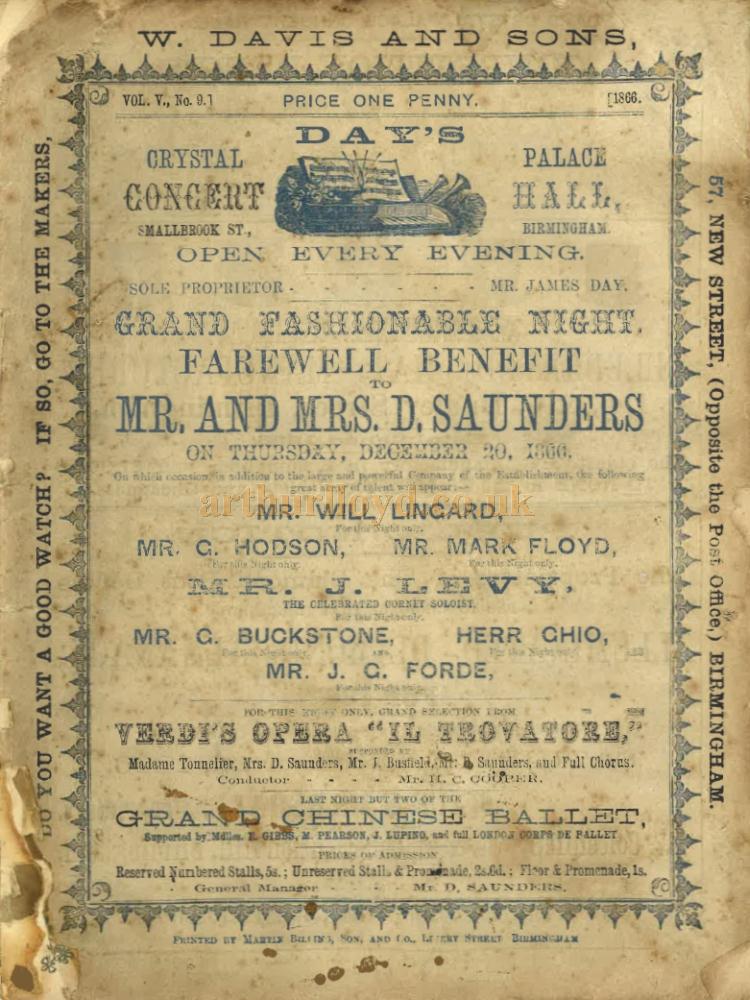 A Programme for Day's Crystal Palace, Birmingham, for December 20th 1866 - Courtesy Sue Taylor 