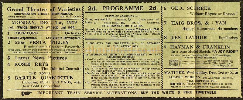Programme Details for a Variety Performance at the Grand Theatre, Birmingham on Monday the 1st of December 1919, with Vesta Tilley topping the Bill.