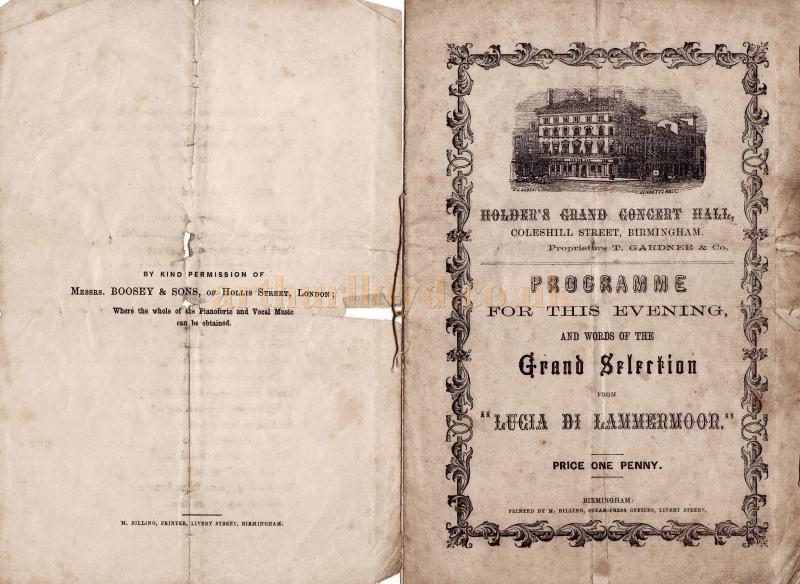 A programme for Holder's Grand Concert Hall during the management of T. Gardner & Co - Courtesy Ian Gibb