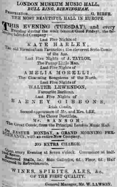 An Advertisement for the London Museum Music Hall, Digbeth, Birmingham from 1864 - From the Birmingham Daily Gazette, 22nd of March 1864.