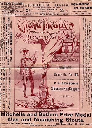 A Programme for 'Much Ado About Nothing' at the Grand Theatre, Birmingham for Monday, October 7th, 1901