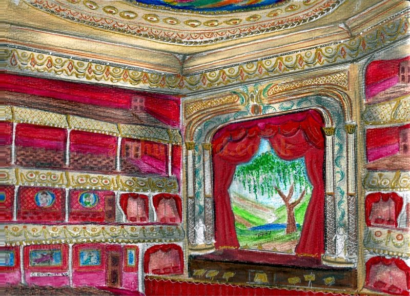 A Painting by George Richmond depicting the Prince of Wales Theatre, Birmingham in 1865. George says:- 'I have recreated the interior from the auditorium, no image of this exists I dare to say up to now. I took the angle of the whole from the later modified pros, recreating the 1865 one from this using old photos and then I reinterpreted the auditorium using the photo showing it from the stage (left), the whole is now seen from audience right. The colours are not given so I have used the traditional reds in the auditorium. The stage shows an old type drop cloth in the photo so I have attempted my interpretation of this.' - Click for an Index to all of George Richmond's Paintings on this site.
