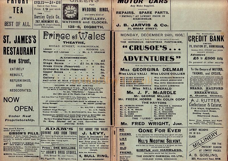 Programme for 'Crusoe's Adventures' at the Prince Of Wales Theatre, Birmingham in 1906