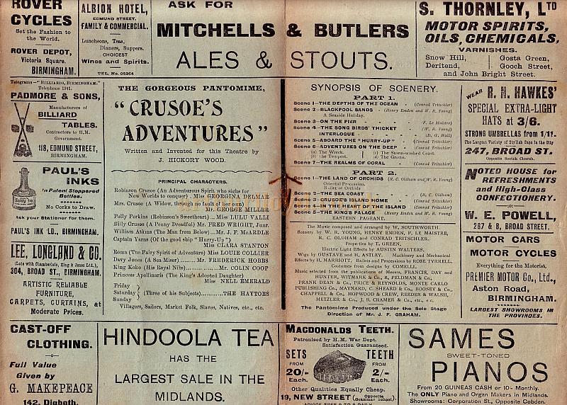 Programme for 'Crusoe's Adventures' at the Prince Of Wales Theatre, Birmingham in 1906