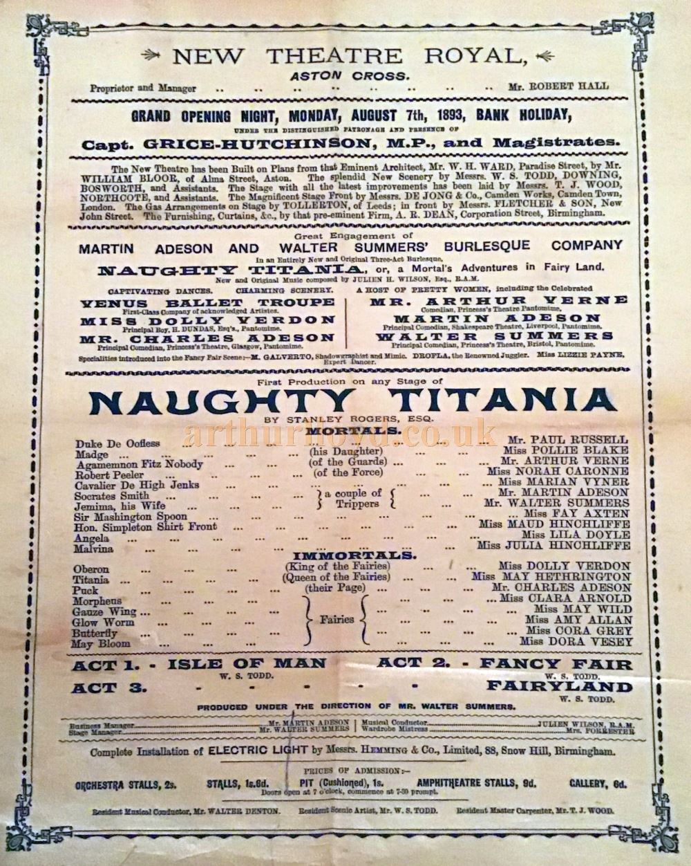 The Opening Programme, printed on silk, for 'Naughty Titania' at the Theatre Royal, Aston on August the 7th 1893 - Courtesy Nigel and Ian Kay whose Great Great Grandfather was Robert Hall who had the Theatre built.