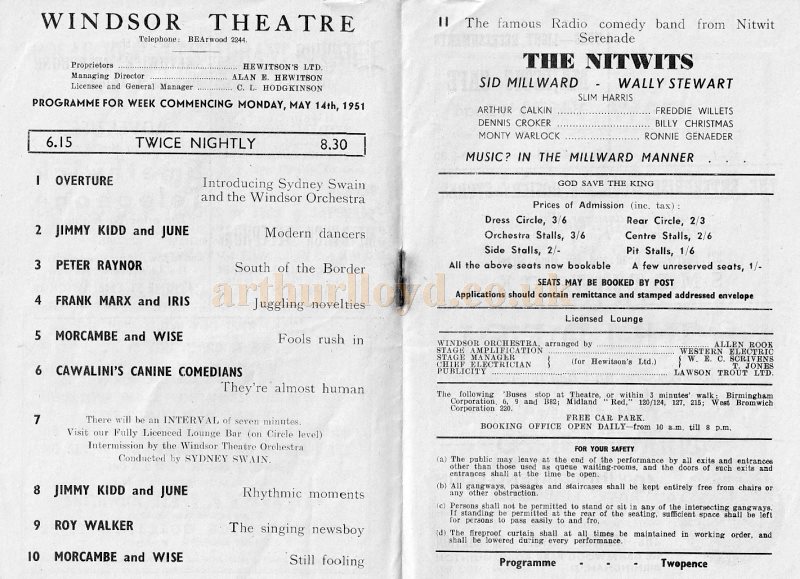 Details from a Variety Programme for the Windsor Theatre, Bearwood from May 1951 - Courtesy Simon Moss, stagememories. Notice the miss-spelling of Morecambe and Wise who would soon become the massively popular Television entertainers of the 1950s and onwards.