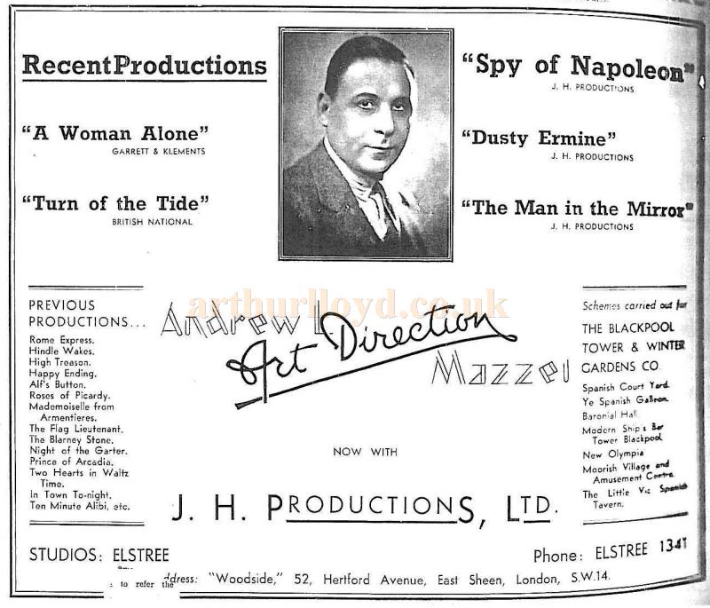 An advertisement showing some of Andrew Mazzei's Film Productions and work on Blackpool Venues - Courtesy Darin Mazzie.