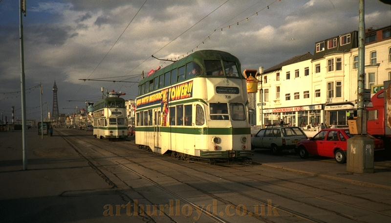 Trams on the Blackpool Promenade in 1992 with the Blackpool Tower in the distance - Photo M. L.