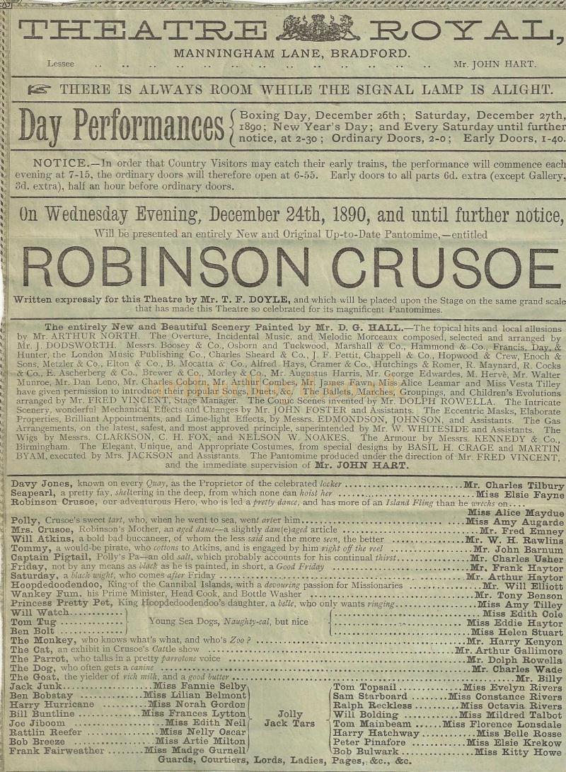 Programme details for 'Robinson Crusoe' at the Theatre Royal, Bradford at Christmas 1890 - 1891 - Courtesy Graham Brogden. 