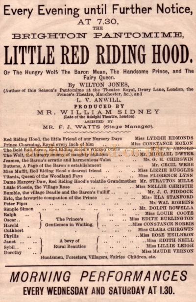 A programme for the pantomime 'Little Red Riding Hood' at the Theatre Royal, Brighton in 1892 / 1893