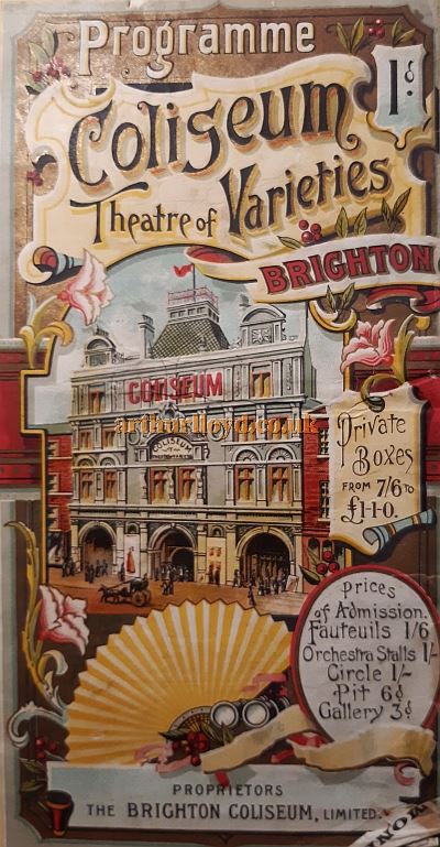 A Variety Programme for the Brighton Coliseum for the 13th of March 1905 - Courtesy Alan John Heasman. On the Bill were Leslie Roy Cathie's Performing Wolves and Hyenas, Comedienne Glady's Archbutt, Comedian Fred Harrison, Musical Comedians Cyrus and Maude, Coliseum Pictures, Comedienne Violet Gunnell, Comedian and Dancer Fred Fowler, and ventriloquist Lauri Wylie.