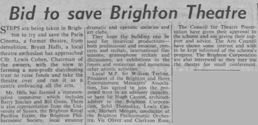 An Article on the proposal to save the former Empire / Coliseum / Dolphin Theatre, Brighton from Demolition - From the Stage Newspaper, 4th of April 1963.