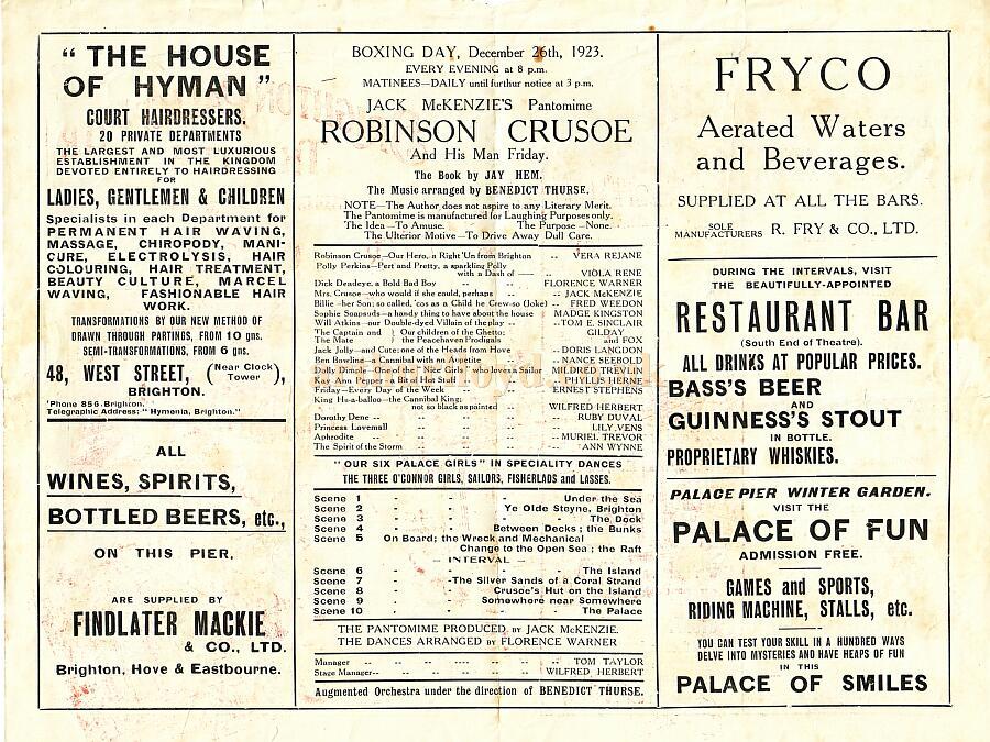 A Programme for Robinson Crusoe at the Palace Pier Theatre, Brighton in 1923