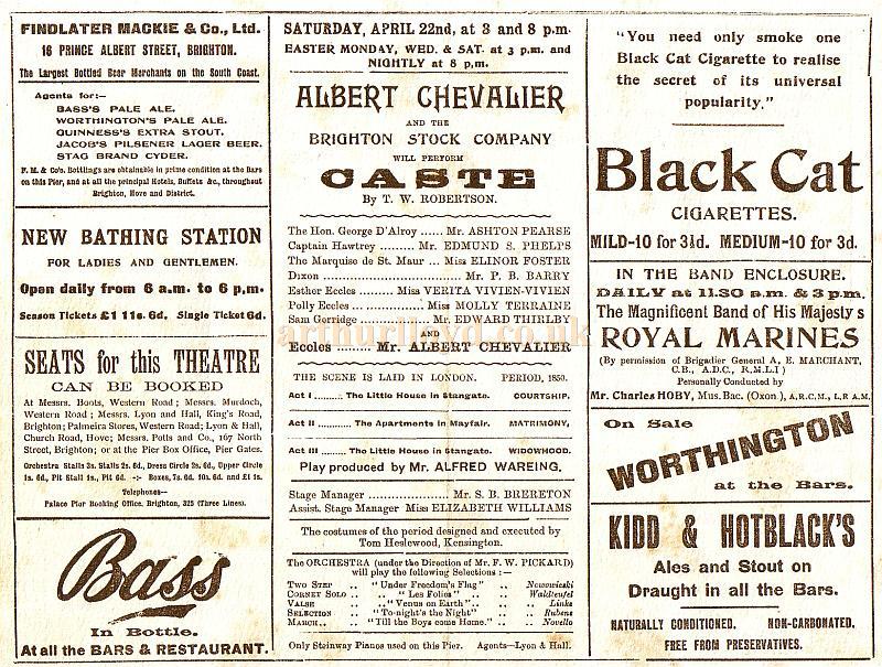 A Programme for 'Caste' by T. W. Robertson with Albert Chevalier and the Brighton Stock Company at the Palace Pier Theatre in 1917