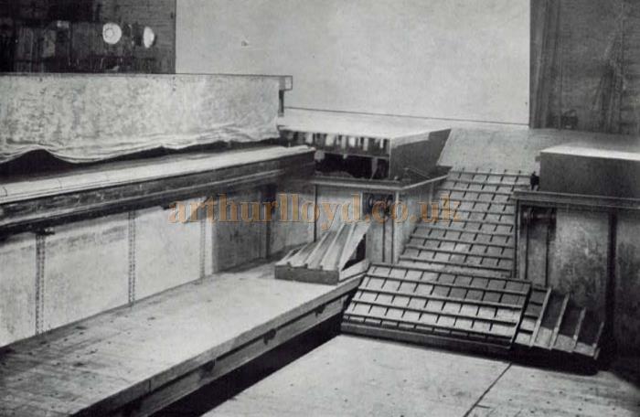 A corner of the water tank, showing three of the four tables, bay and horse rake, front and back stage, and table ropes and pulleys.