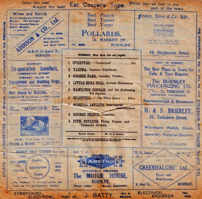 Cast details from an early Twice Nightly Variety Programme for the Burnley Empire - Courtesy Martin Moore