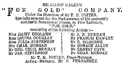 For Gold Company at the Gaiety Theatre, Burnley in 1887