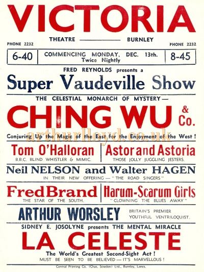 A Poster advertising a 'Super Vaudeville Show' at the Victoria Theatre, Burnley - Courtesy Chris Woodward.