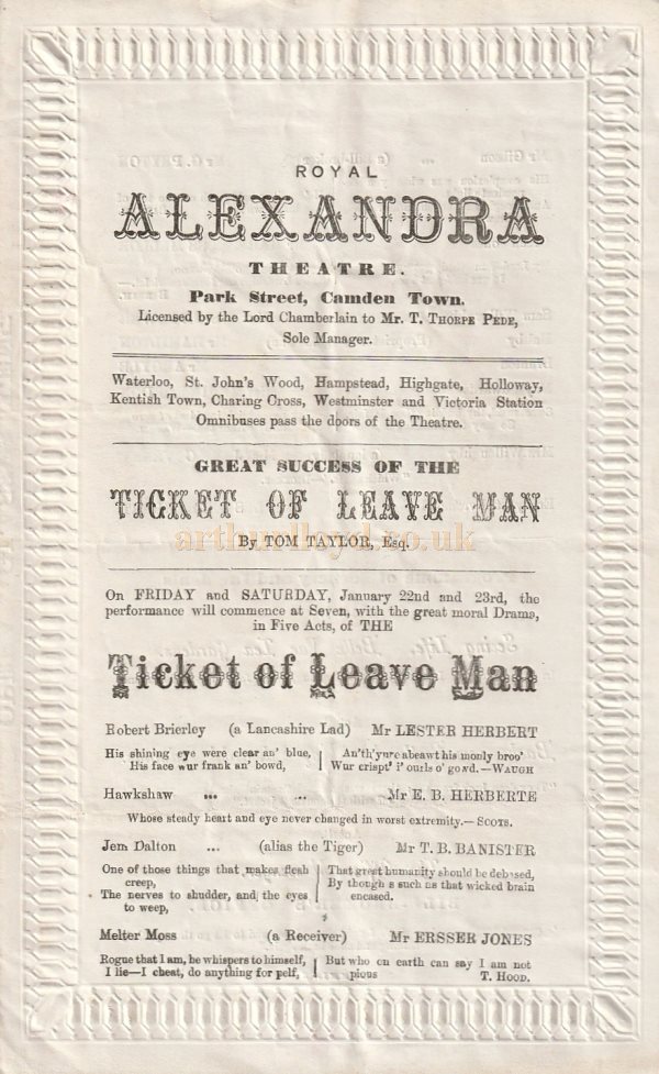 A Programme for 'The Ticket of Leave Man' at the Royal Alexandra Theatre, Camden in January 1875 - Courtesy Simon Moss, stagememories.