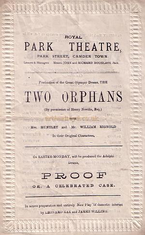 Programme for 'Two Orphans' at the Royal Park Theatre, Camden for the week beginning March the 24th 1879.
