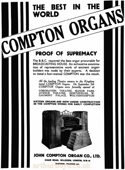 An Advertisement for Compton Theatre Organs mentioning their installation at the Coronation Theatre, Manor park - From the Kinematograph Weekly, 22nd of September 1932.