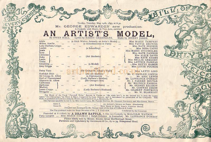 A Programme for 'An Artist's Model' at Daly's Theatre in February 1895 