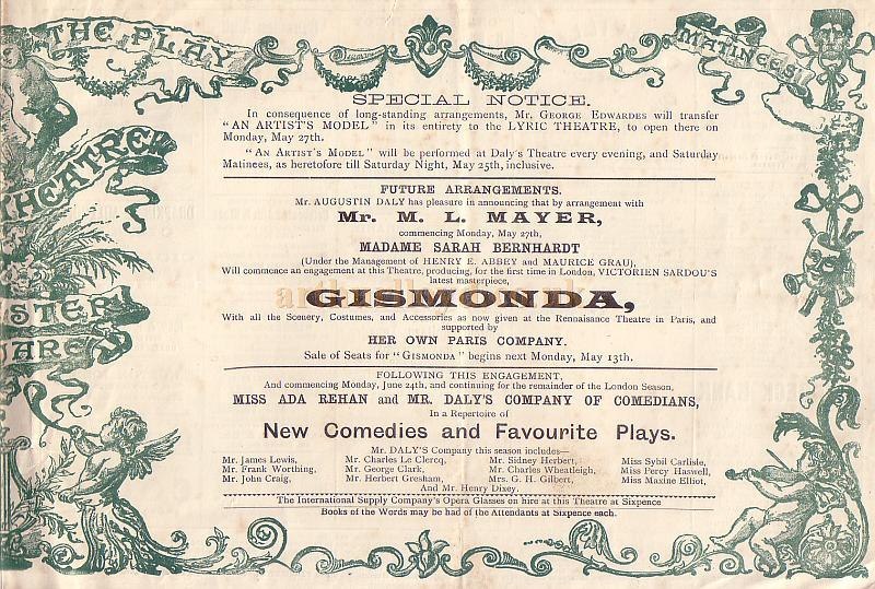 A Programme for 'An Artist's Model' at Daly's Theatre in February 1895 