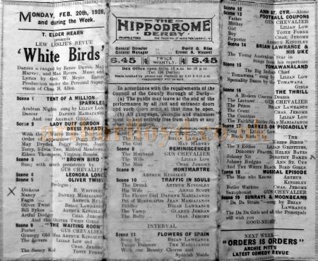 A programme for 'White Birds' which was performed at the Derby Hippodrome in the week of the 20th of February 1928 - Courtesy Roy Cross.
