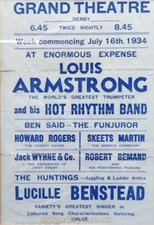 A Poster for Louis Armstrong and his Hot Rhythm Band performing at the Derby Grand in July 1934 - Courtesy Roger Fox.