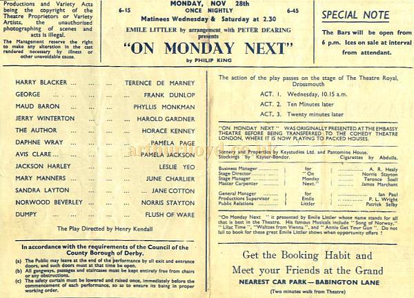 A programme for 'On Monday Next' at the Grand Theatre Derby in 1949, which was also running at the Comedy Theatre in London at the same time and was quite a success - Courtesy Alan Chudley.