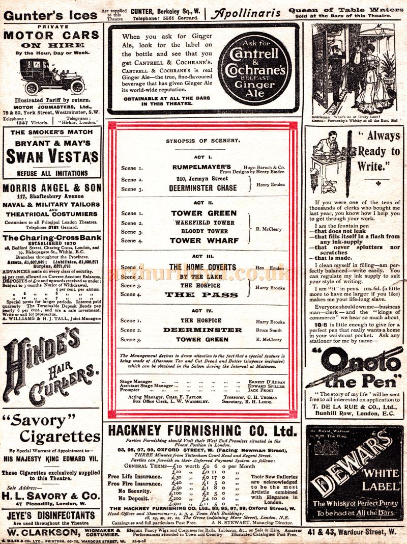 A Programme for the reopening production of 'The Marriages of Mayfair' at the Theatre Royal, Drury Lane in the Autumn of 1908. 