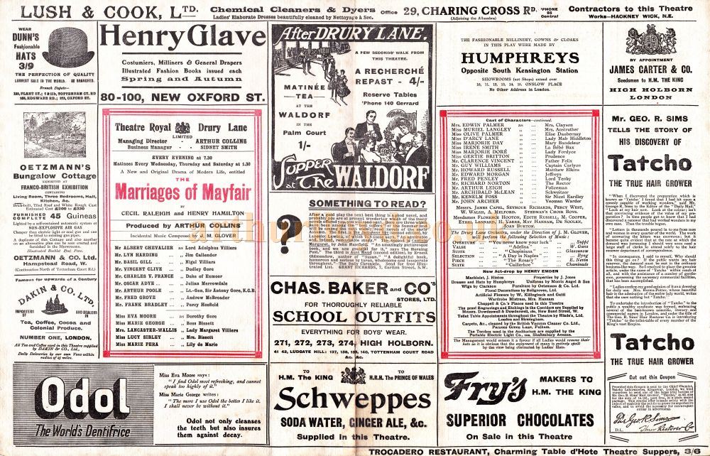 A Programme for the reopening production of 'The Marriages of Mayfair' at the Theatre Royal, Drury Lane in the Autumn of 1908. 