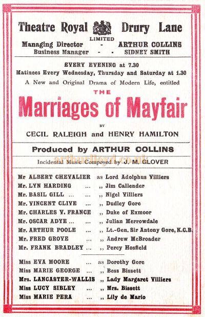 A Programme for the reopening production of 'The Marriages of Mayfair' at the Theatre Royal, Drury Lane in the Autumn of 1908. 