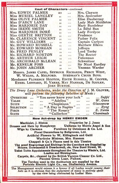 A Programme for the reopening production of 'The Marriages of Mayfair' at the Theatre Royal, Drury Lane in the Autumn of 1908. 