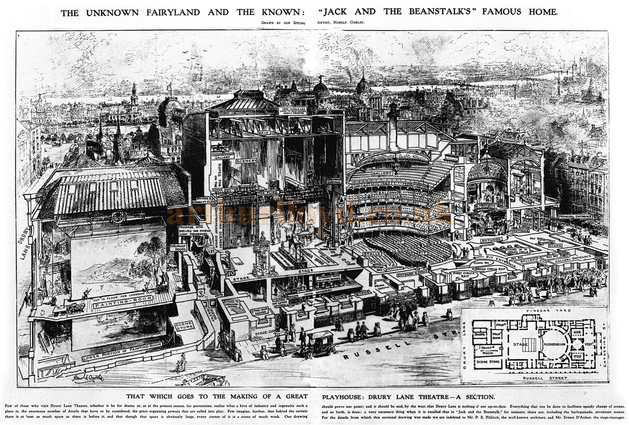 A sketch showing the auditorium, stage, FOH, and backstage of the Fourth Theatre Royal Drury Lane in 1910 - Illustrated London News