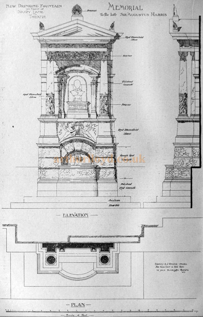 A Sketch and Plans for The Augustus Harris Memorial Fountain at the Theatre Royal, Drury Lane - From the Building News and Engineering Journal May 14th 1897.