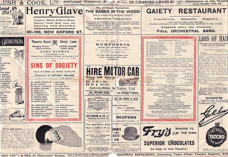 Theatre Royal, Drury Lane Programme for 'Sins of Society' 1907